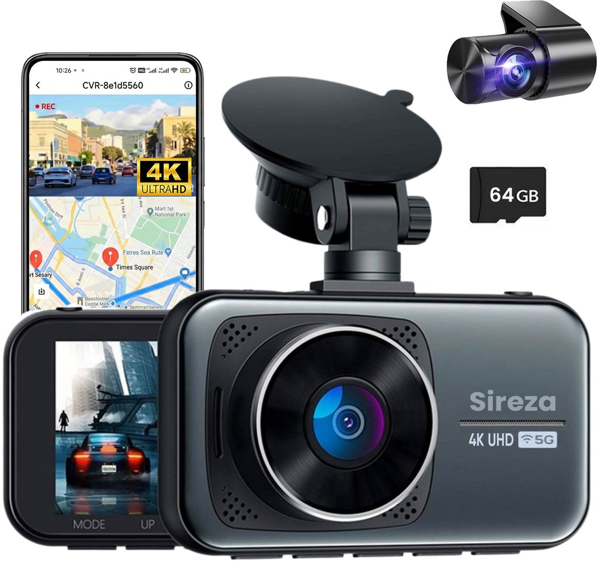 Sireza® D2 - Dashcam - Dashcam Voor Auto - Dual Dashcam - Ultra 4K & UHD - 3 inch met App - A-GPS live locatie + snelheid - 64GB SD Kaart - Loop Opname - G Sensor - mini koevoet - haakske usb-c oplaadkabel - NL/FR/ENG Handleiding + NL Systeem