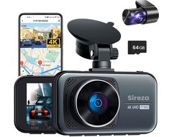 Sireza® D2 - Dashcam - Dashcam Voor Auto - Dual Dashcam - Ultra 4K & UHD (170°) - 3 inch met App - A-GPS live locatie + snelheid - 64GB SD Kaart - Loop Opname - G Sensor - mini koevoet - haakske usb-c oplaadkabel - NL/FR/ENG Handleiding + NL Systeem