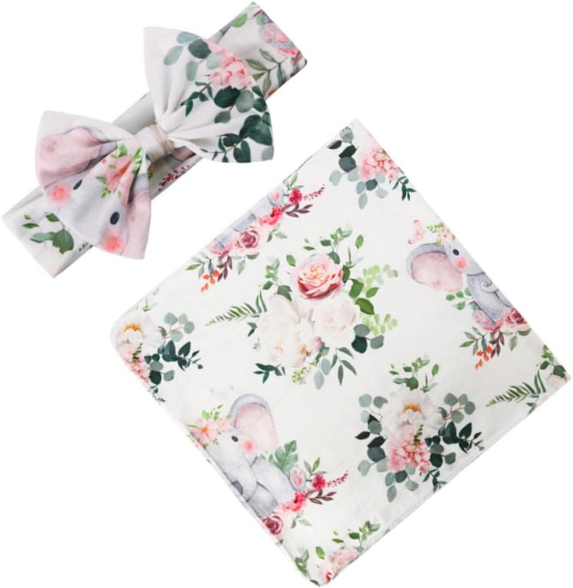 Baby Swaddle Set - Wikkeldoek met Hoofdband - Baby Comfort - Bloemenprint Design - 80x80 cm - Assorti