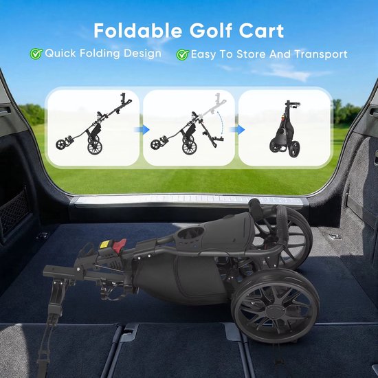 CreateEcom golftrolley - golfkar - 3-wielige opvouwbare golfkar met voetrem - waterdichte koeltas en parapluhouder - draagbare lichtgewicht golfkar - zwart — afbeelding 4
