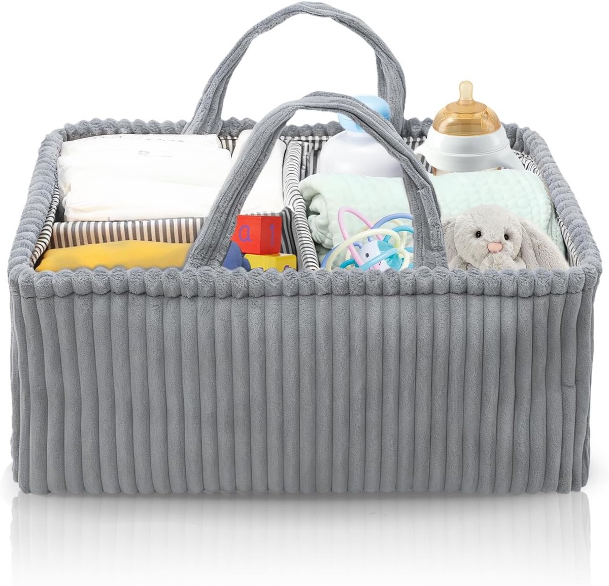 Organizer voor luiers met vakken en handvatten, corduroy luiers mand, perfect als kraamcadeau, grijs, multifunctioneel en praktisch