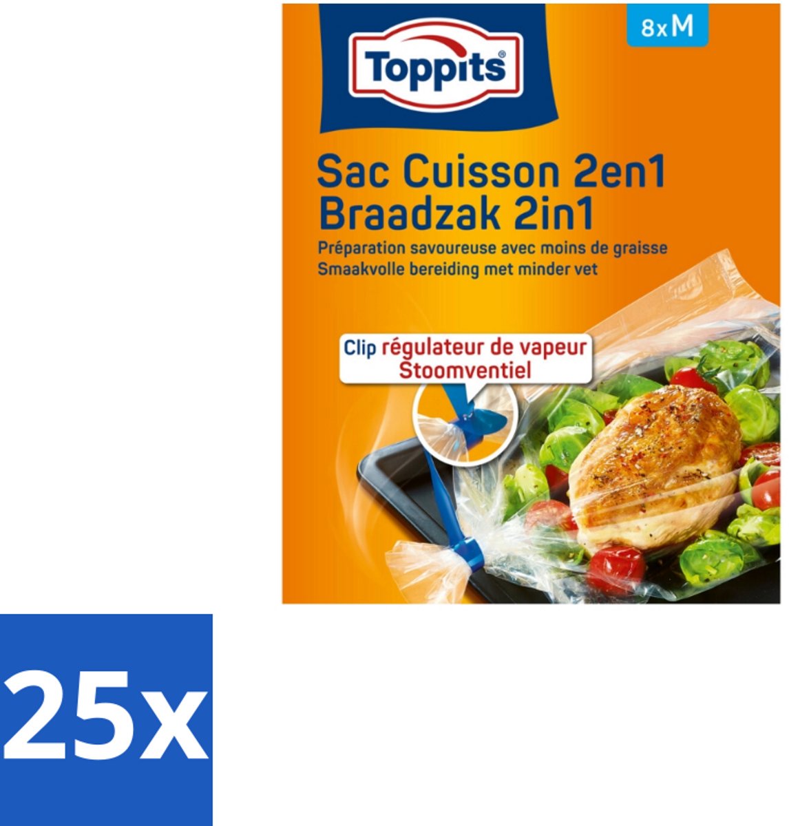 Toppits – 2-in-1 Braad- & Stoomzakken – Maat M – 8 Zakjes - Bulkverpakking - 25 stuks