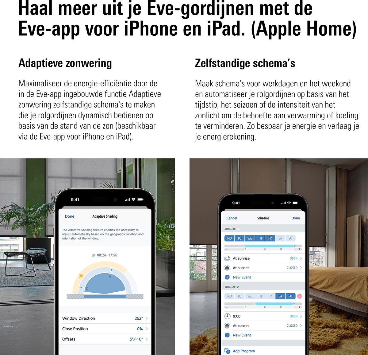 Eve Motionblinds (Matter) - Slim elektrisch rolgordijn voor binnen, app-/spraakbediening, schema's, verduisterend, oplaadbare accu, vrijhangend, schroefmontage, automatiseringen, vereist een hub, wit - 75x190cm