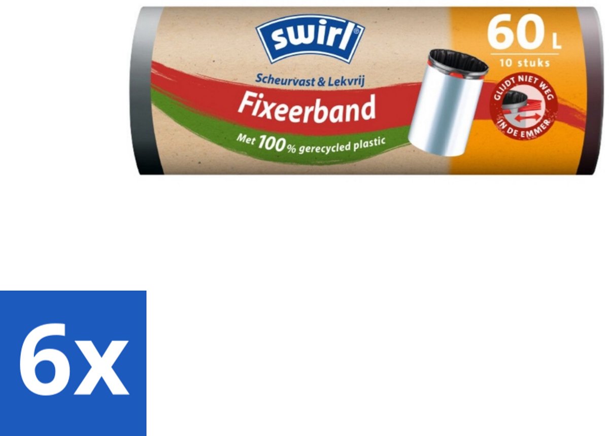 Swirl – Pedaalemmerzakken – 60 L – Fixeerband – 10 zakken - Voordeelverpakking - 6 stuks