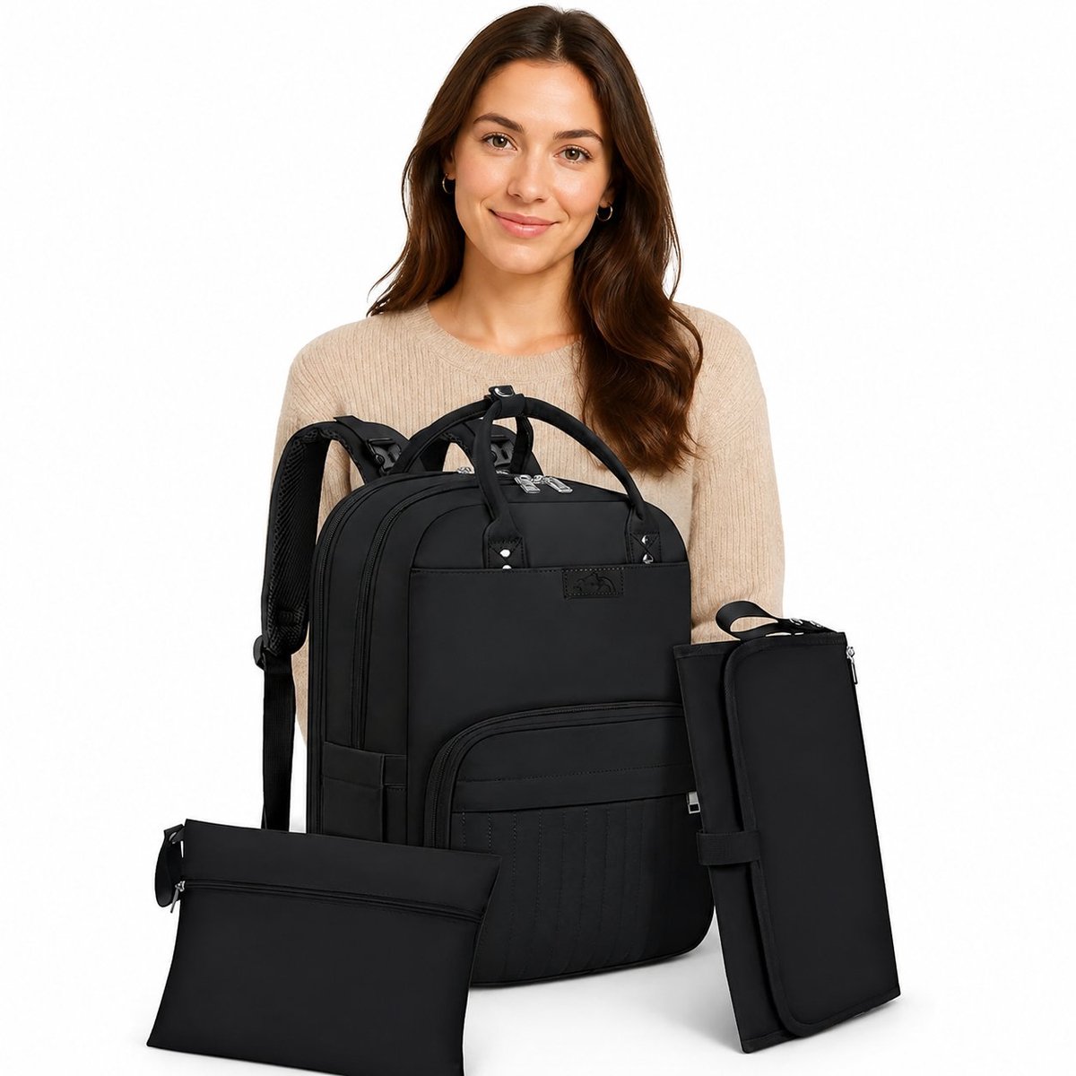 R&H® Luierrugzak voor baby's, grote luiertas, babytas, rugzak met kinderwagenriemen en luieronderlegger, voor onderweg, zwart