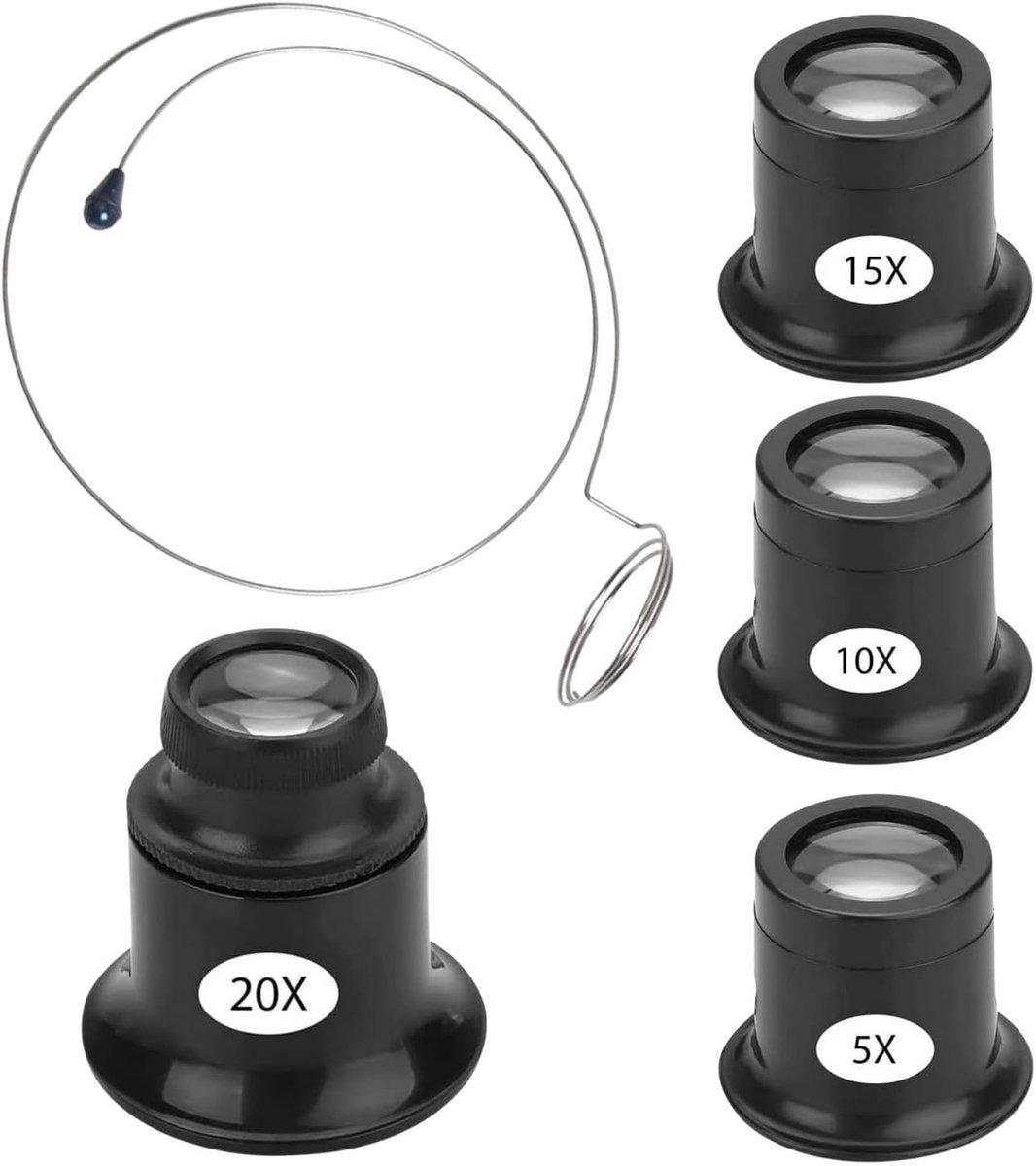 Set van 4 Vergrootglazen voor Horlogemakers en Juweliers - 5X/10X/15X/20X, Draagbare Loep met Stalen Ring, Ideaal voor Horloges, Sieraden en Munten