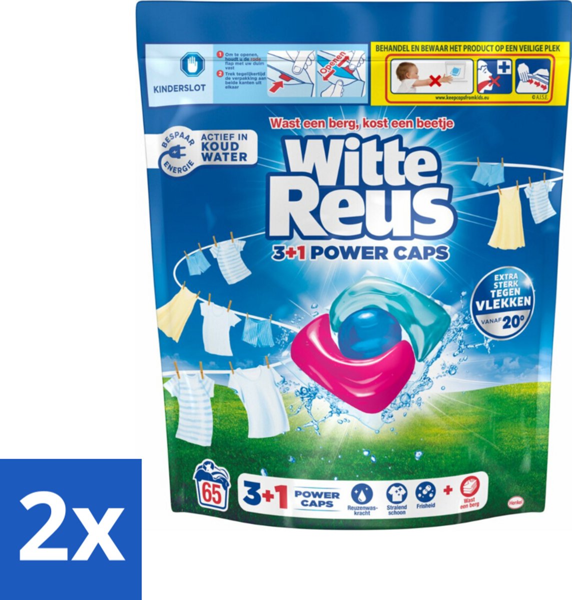 2 x Witte Reus - 3+1 Power Caps - Witte Was - 65 Wasbeurten - Wascapsules - Wit Wasgoed - Wasmiddel - Vlekkenverwijderaar - Energiezuinig Wassen