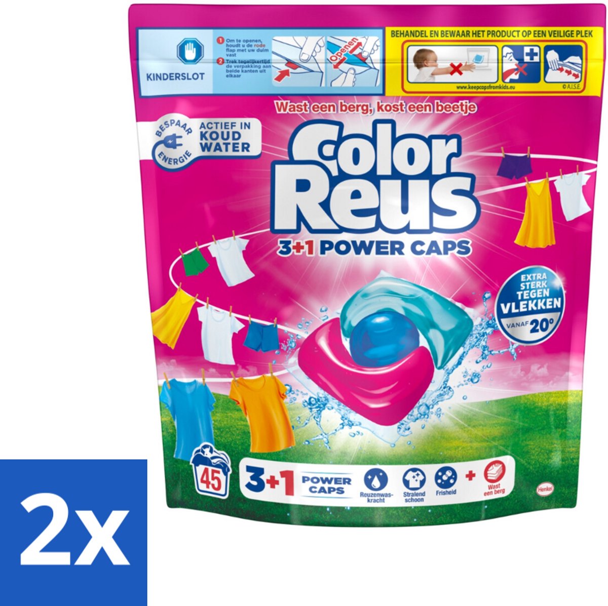 2 x Color Reus - 3+1 Power Caps - Gekleurde Was - 45 Wasbeurten - Wascaps - Kleurwas - Wasmiddel Capsules - Vlekkenverwijderaar - Kleurbescherming