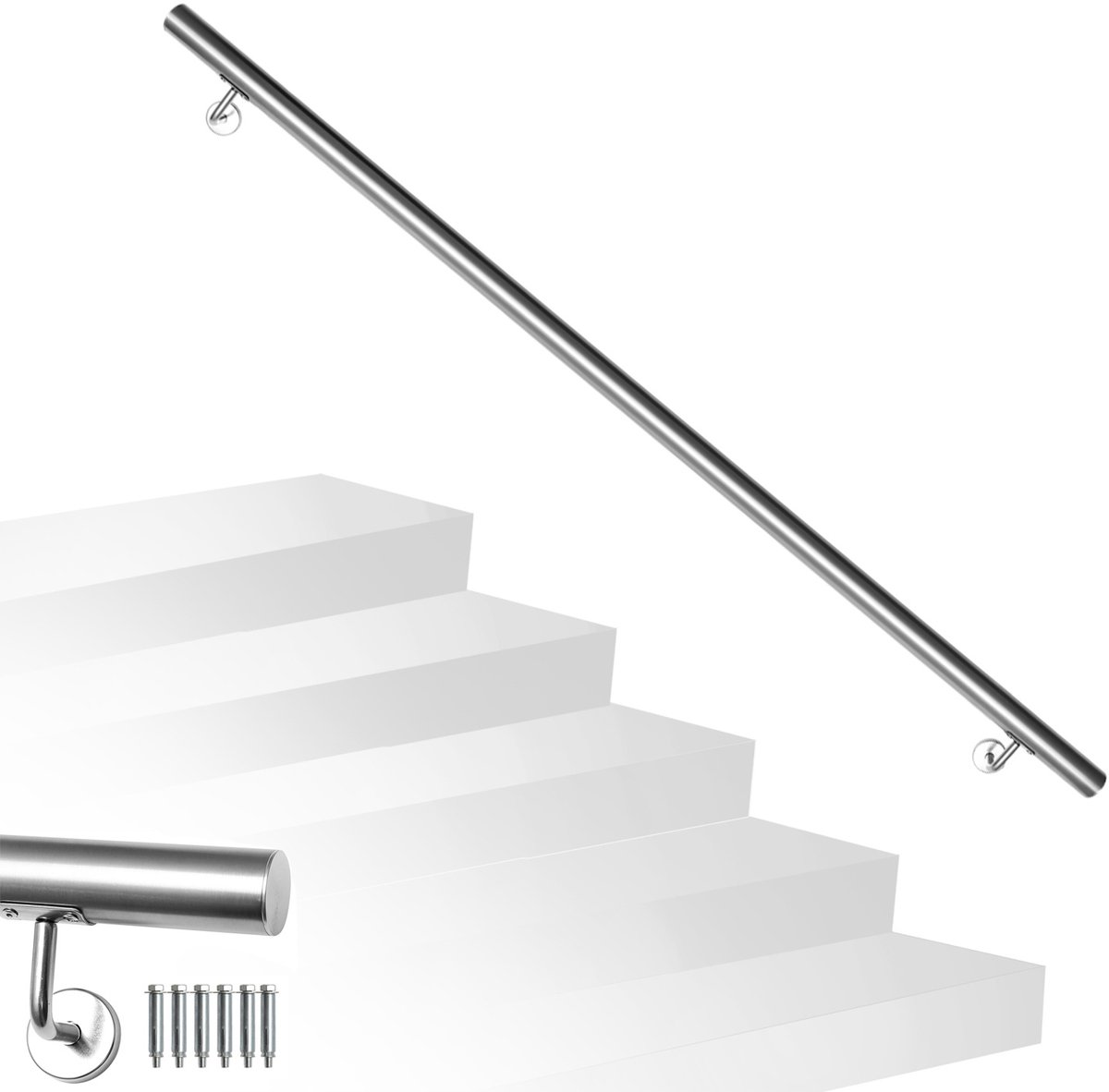 RVS leuning 160 cm Ø42 mm van 304 roestvrij staal, geborstelde trapleuning voor wandmontage, geschikt voor trap balkon terras binnen buiten
