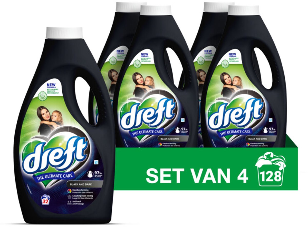 Dreft Vloeibaar Wasmiddel Zwart & Donker 32 Wasbeurten - 4 x 1,4 liter - Voordeelverpakking
