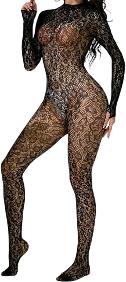 Dames panty met body en lange mouwen, mesh-inzet en doorzichtige kousen voor een elegante look