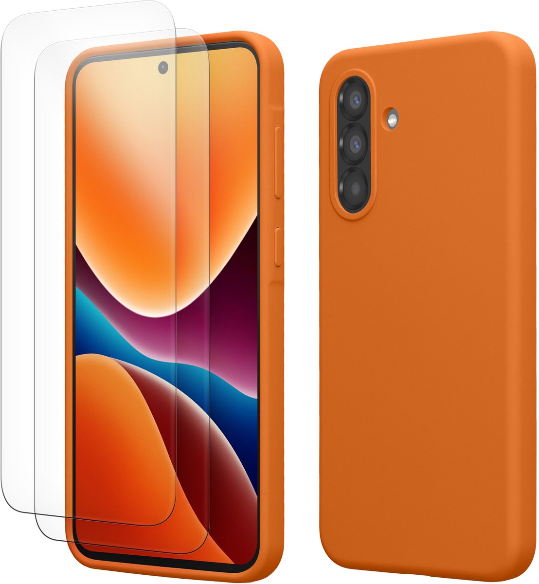 kwmobile hoes met 2x screenprotectors voor Samsung Galaxy A56 5G – screenprotector van gehard glas – draadloos opladen – fruitig oranje