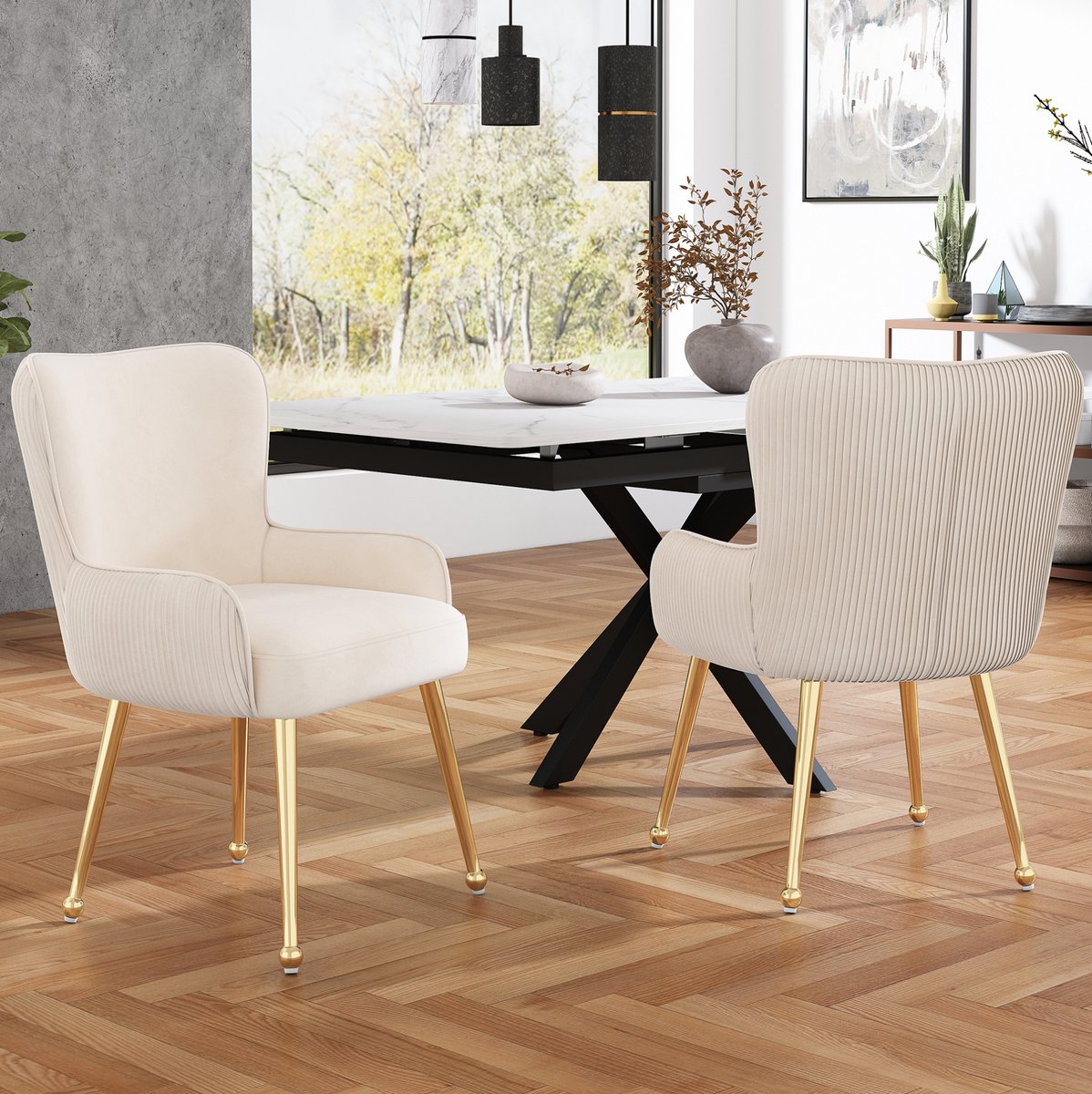 Wishdor Eetkamerstoel set van 2 - Met armleuningen en lendensteun - Metalen poten met verstelbare vloerdoppen - Modern ontwerp - Eetkamer lounge - Velvet - Beige en goud - 57 x 53 x 83 cm