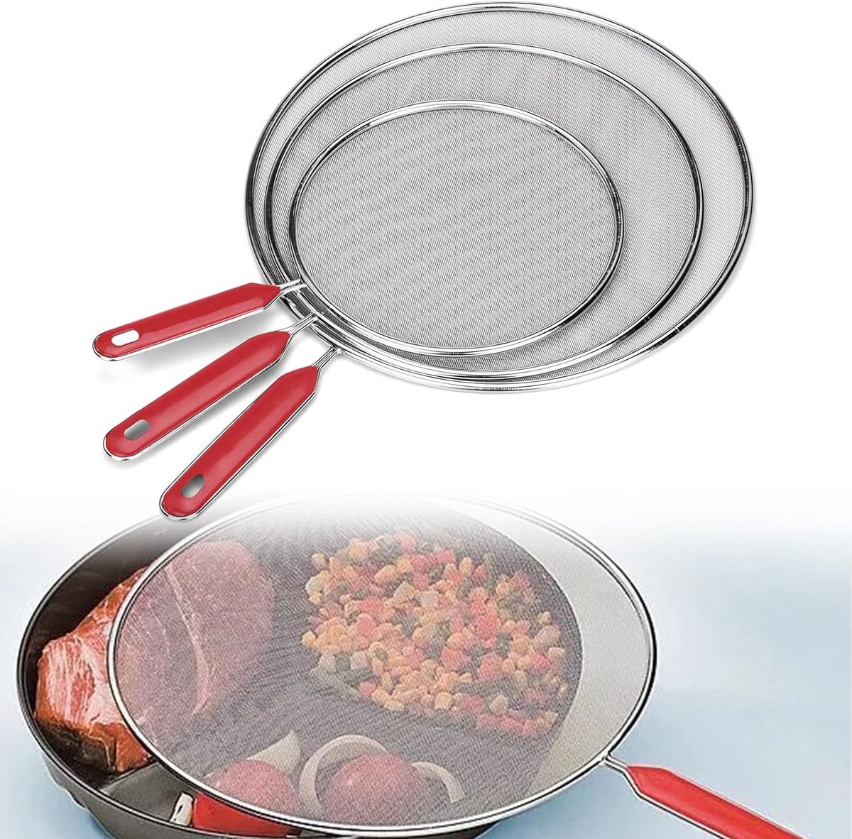Splash Guard Set van 3 Stuks, Fijn Gaas RVS Spatbescherming voor Pannen, Voorkom Vet en Olie Spatten tijdens het Koken en Bescherm je Huid tegen Brandwonden