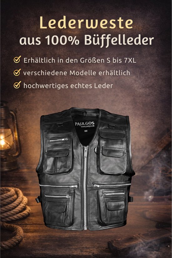 Leren vest van Paulgos gemaakt van 100% buffelleer, verkrijgbaar in de maten S tot 7XL.