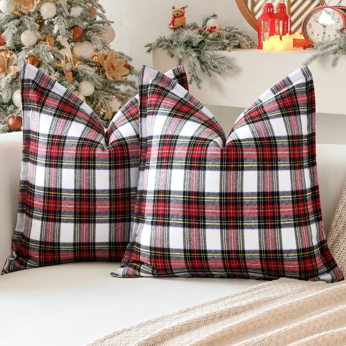 Elzusha - Set van 2 Kussenhoezen met Kerst Schotse Ruit 40x40 cm