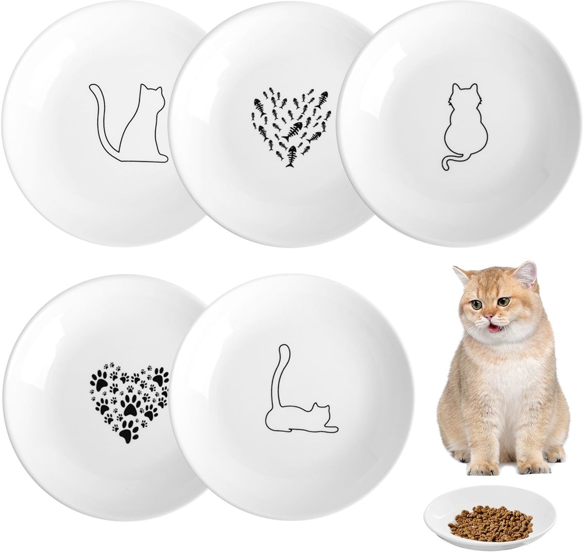 Elzusha - Set van 5 Platte Keramische Kattenbakken - Voeder en Waterbakken