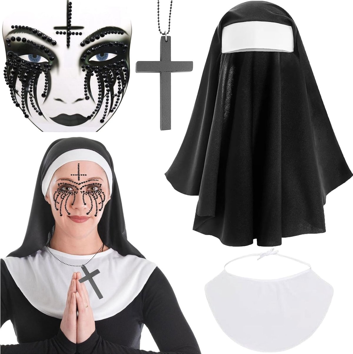 4-delige nonnenkostuum voor vrouwen met hoofddeksel, perfect voor Halloween en themafeesten, inclusief make-up en accessoires