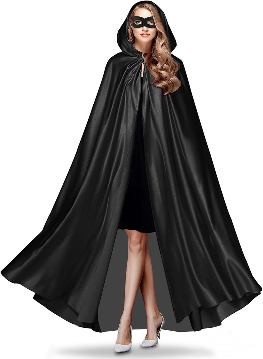 Halloween Cape met Kap Unisex Zwart - Kostuum voor Volwassenen, Vampier Outfit, Middeleeuwse Cloak 180 cm met Ooglapje