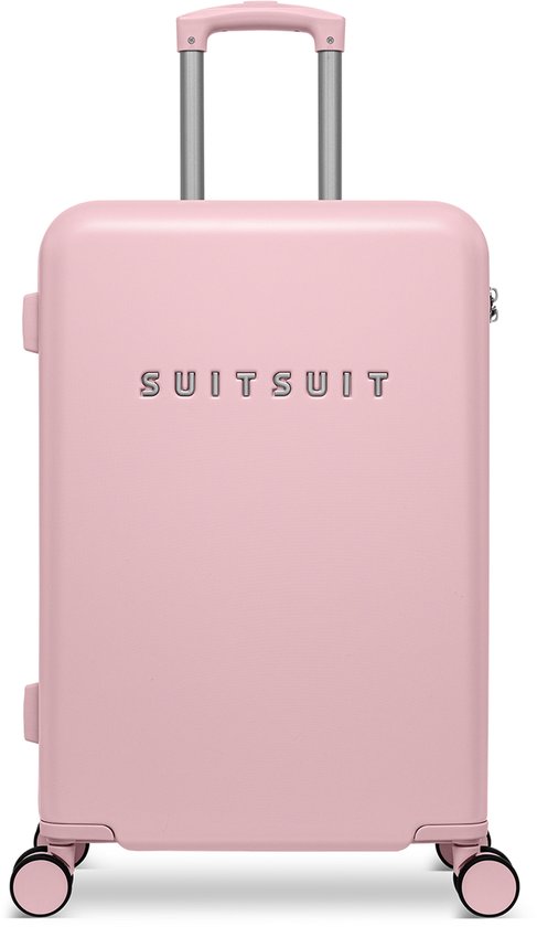 Roze SUITSUIT koffer met handvat omhoog, geïsoleerd op witte achtergrond.