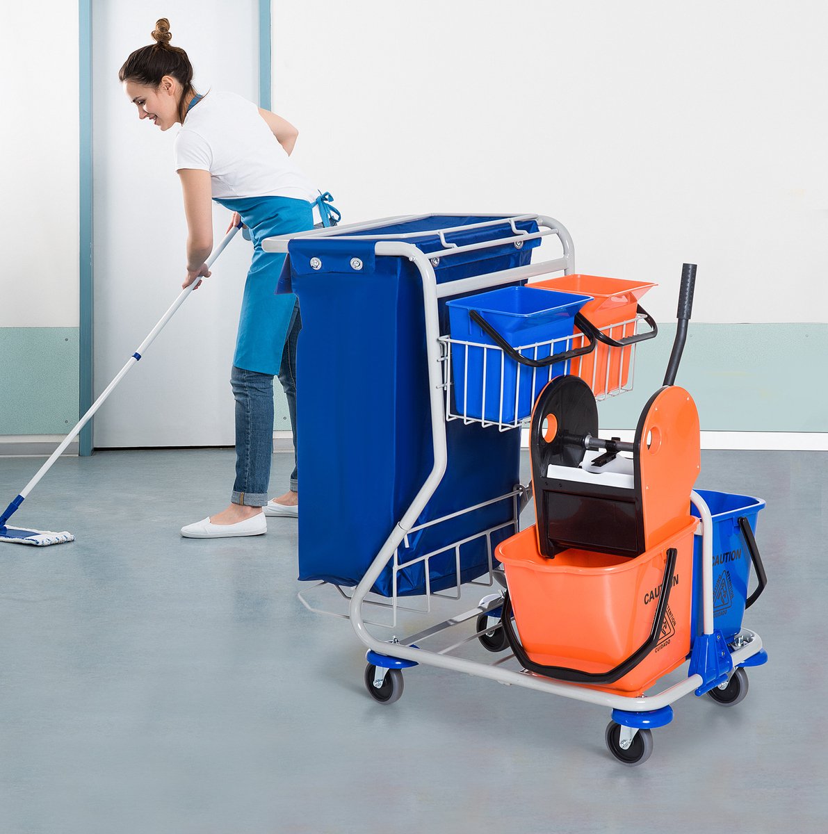 REDOM - Schoonmaakwagen - 4 emmers - Met moppresse en afvalzakhouder - Met wielen en opbergvakken - Voor kantoor en hotel - IJzer - Blauw - 93 x 80 x 97 cm