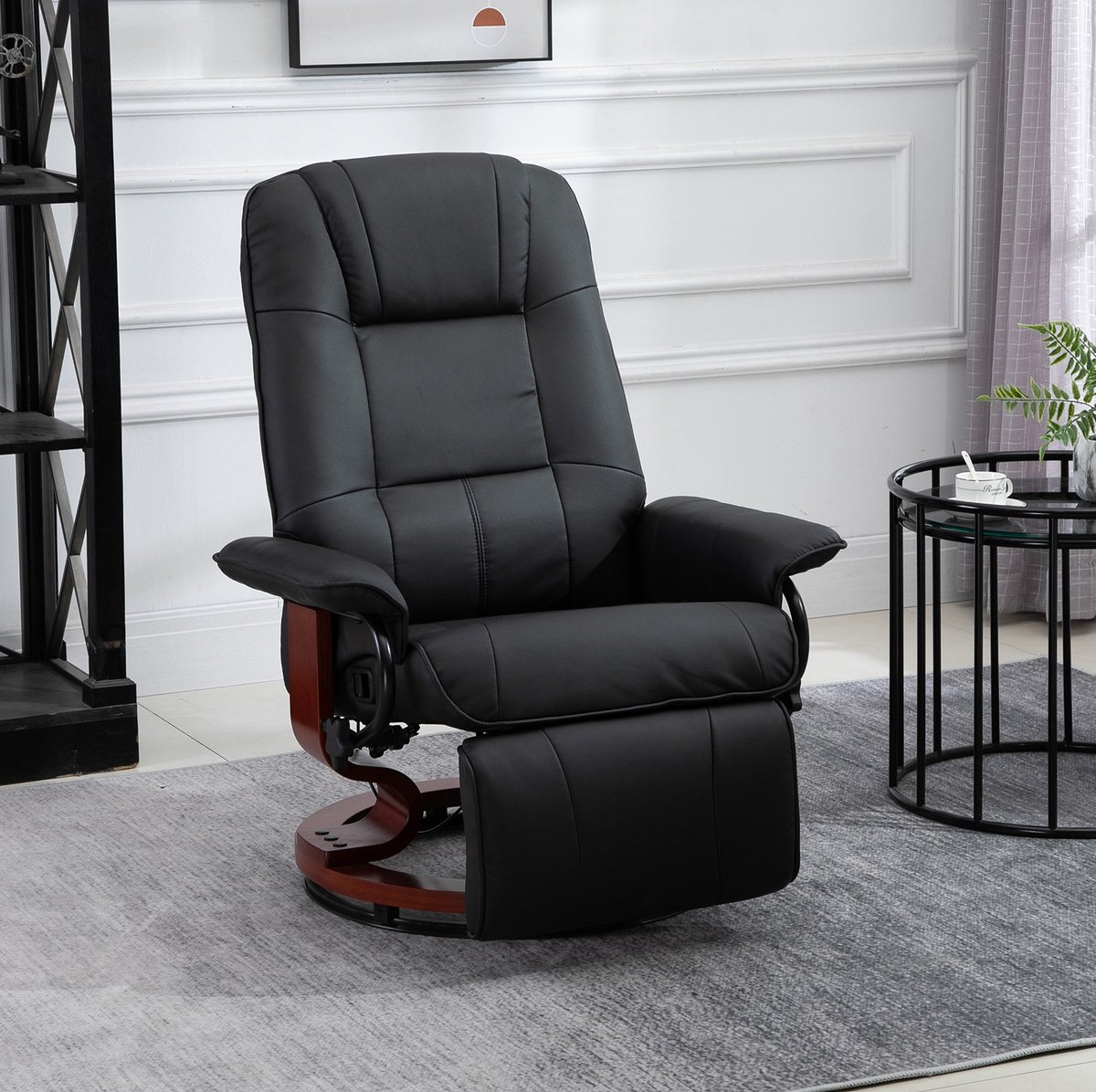 REDOM - Relaxfauteuil - 145° verstelbare rugleuning - 360° draaibaar - Handmatige voetsteun - Kunstleer - Houten basis - Zwart - 78 x 87 x 100 cm