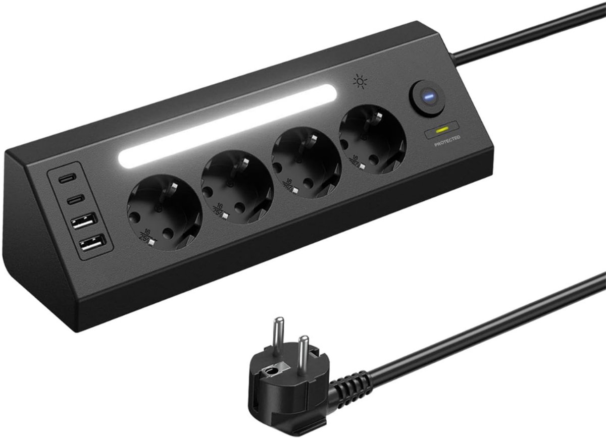 ZRNS® Hoekstopcontact - Hoekstekkerdoos - 4 Stopcontacten - Stekkerblok - Met USB-C & USB-A - Zwart