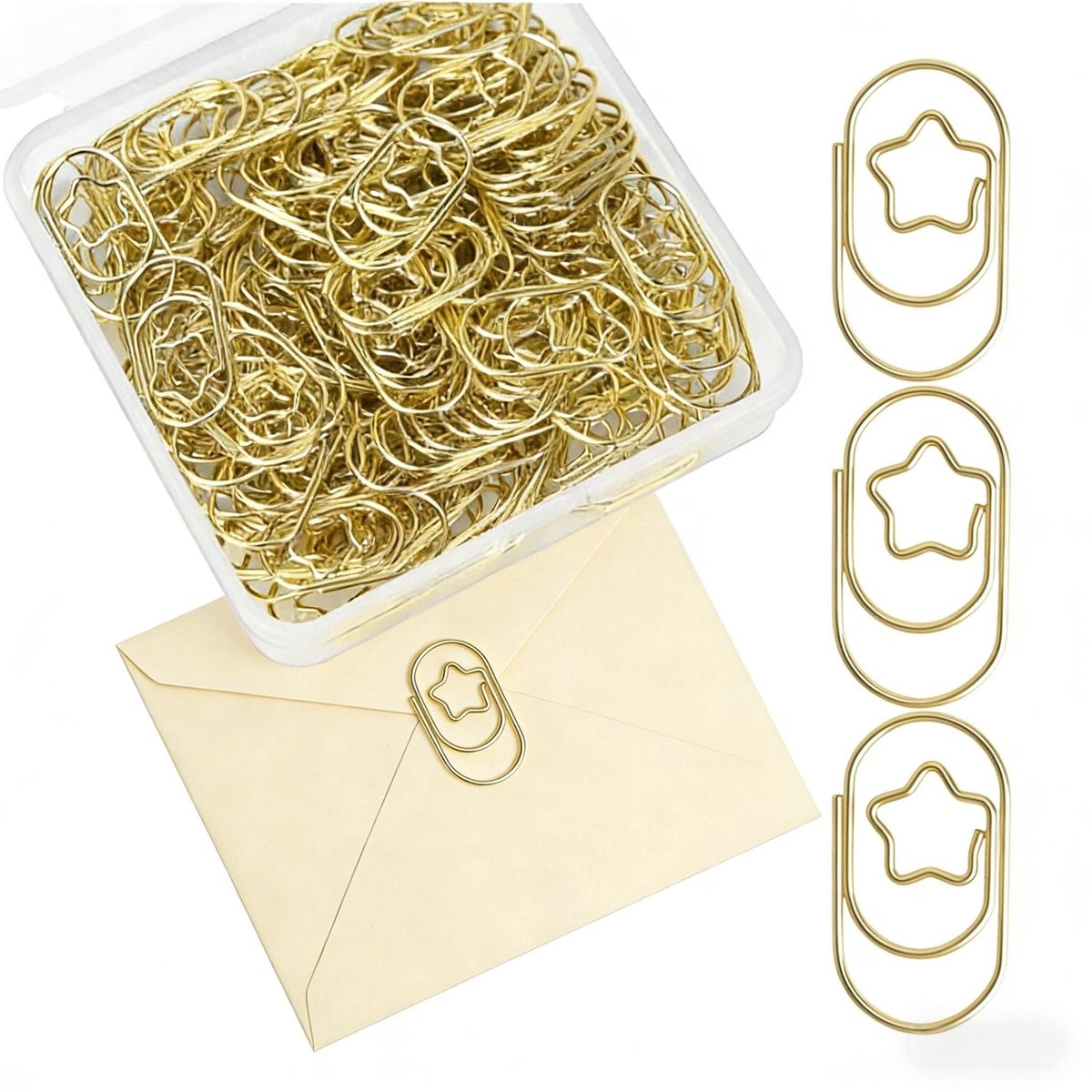 Elzusha - Set van 130 Mini Gouden Stervormige Paperclips in Transparante Doos