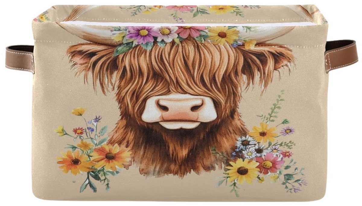 Elzusha - Vouwbare Opbergmand met Schotse Hooglander Bloemen - Grote Stoffen Opbergdoos met Handvat