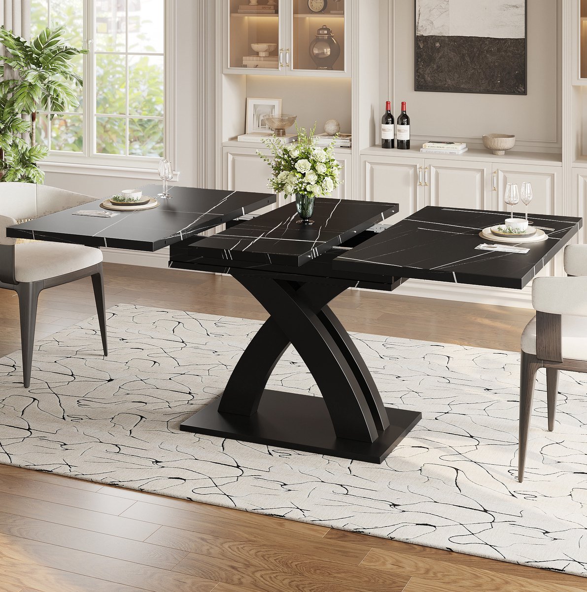 Wishdor Eettafel - Uitschuifbaar - X-poot met metalen onderstel - Modern - Eetkamer keuken woonkamer balkon - MDF en metaal - Zwart - 160 x 80 x 76 cm
