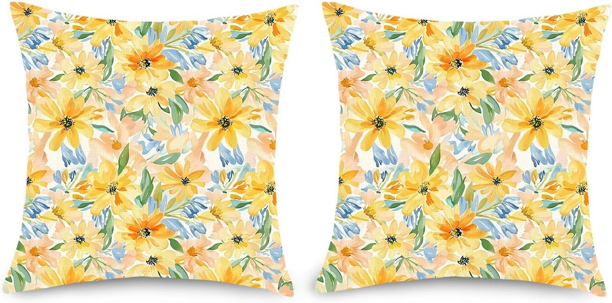 Decoratieve Kussenhoezen met Gele Waterverf Bloemen 45 x 45 cm - Set van 2 - Schattige Daisy Kussens voor Kinderen en Meisjes, Perfect voor de Slaapkamer en Woonkamer