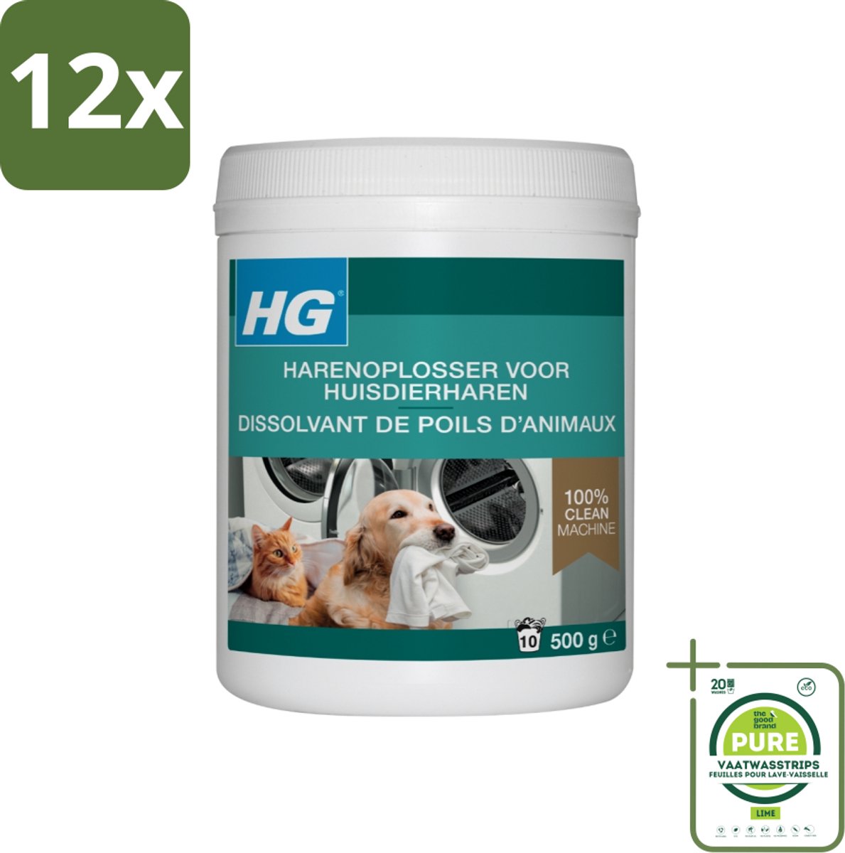 HG - Harenoplosser Voor Huisdierharen - Altijd Schone Machine - 10 Wasbeurten - 500 g - Voordeelverpakking - 12 stuks - Wasmachine reiniging - Huisdierharen verwijderen