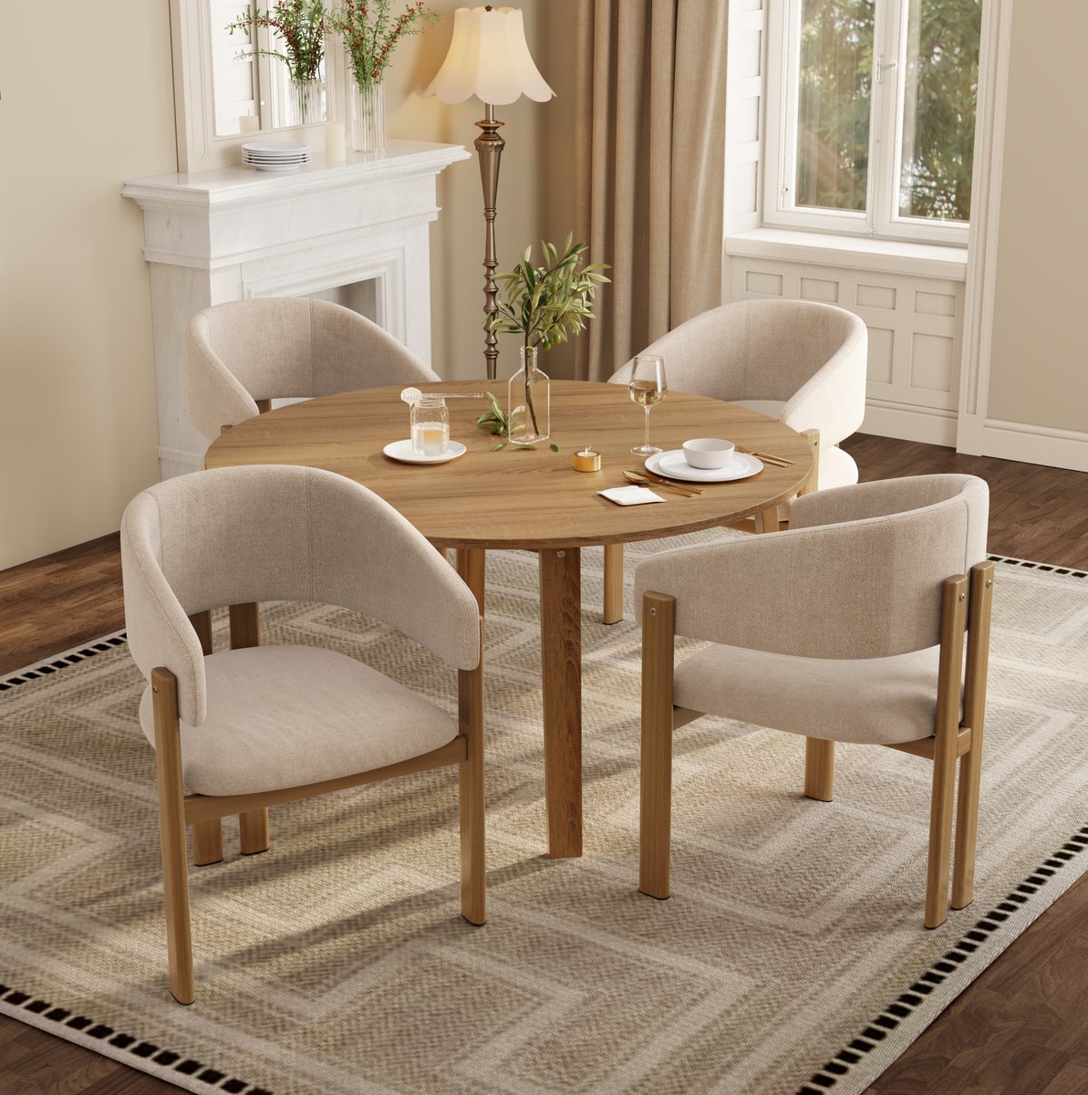 MIVRAY Eetkamerstoel Set van 4 - Armleuningen - Metaal Met Houtlook - Modern En Comfortabel Voor Eetkamer Woonkamer En Café - Linnen Beige