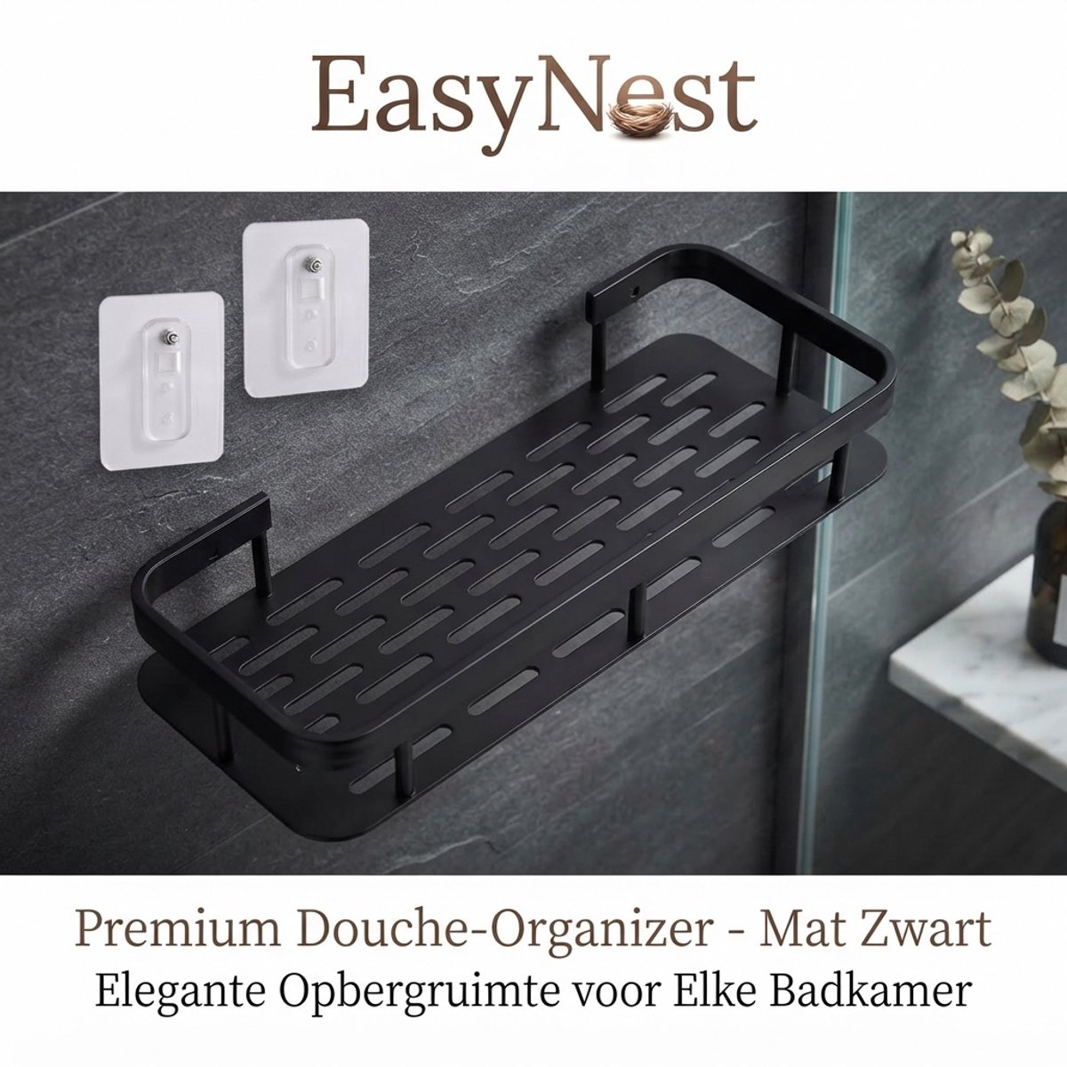 Zelfklevende Badkamerplank 30,5 x 13 x 5,5 cm – Boorvrije Doucheplank van Roestvrij Staal – Wandorganizer voor Shampoo, Douchegel en Cosmetica – Matzwart