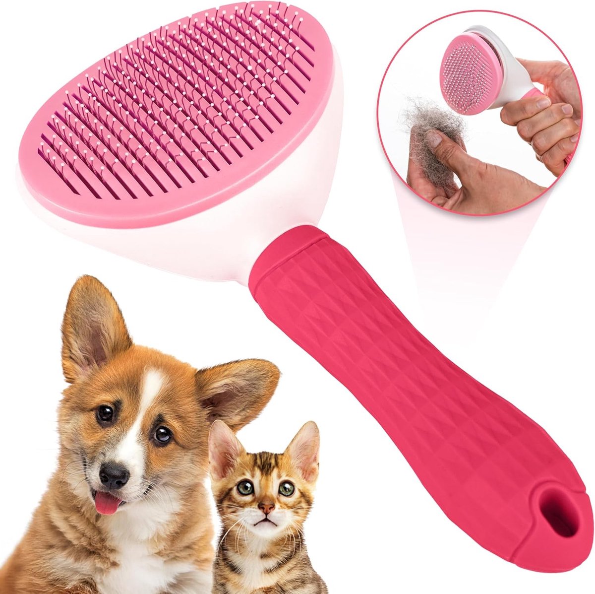 Zachte stoomborstel voor katten - Roze - Verzorgingsborstel met afgeronde metalen pinnen - Voor honden en katten met halflange en lange vacht