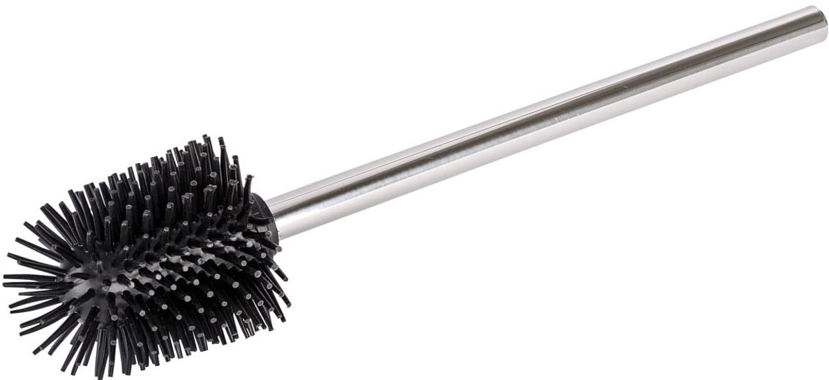 Famanu – Vervangende borstel met siliconen borstelkop, toiletborstel met verwisselbare borstelkop, anti-aanbakwerking, met roestvrije, glanzende roestvrijstalen steel, Ø 7,5 x 35 cm, zilver/zwart