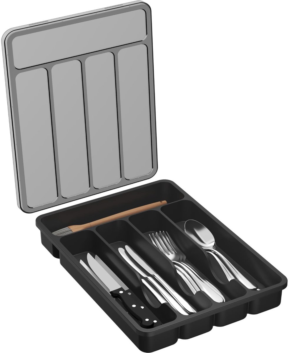 Famanu – Besteklade organizer met deksel, klein plastic bestekbakje voor keukenla, 5 vakken voor lepels, vorken en messen, zwart