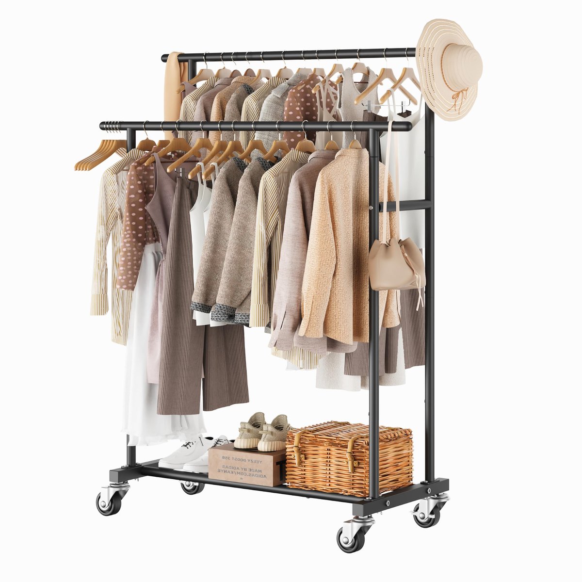 Famanu – Kledingrek met dubbele stang, rollend en hangend, draagbare kledingorganizer voor slaapkamer en woonkamer, zwart