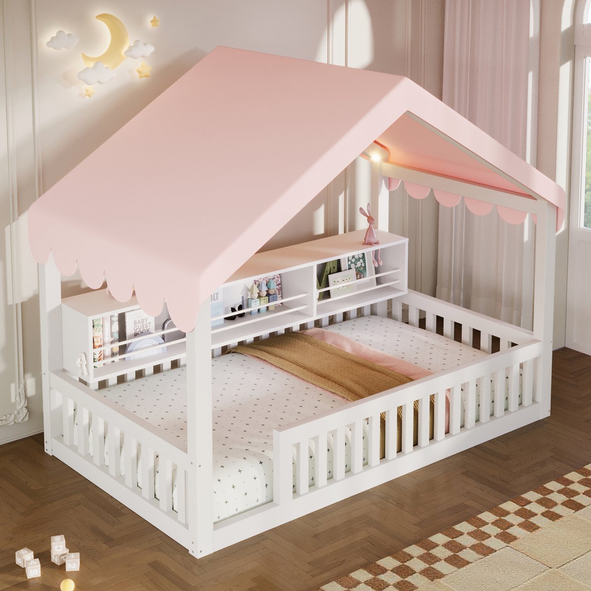 MIVRAY Kinderbed Huisbed 90x200 cm Zonder Matras - Met Bedtent En Boekenrek - Met LED Verlichting En Veiligheidshekje - Hout - Wit