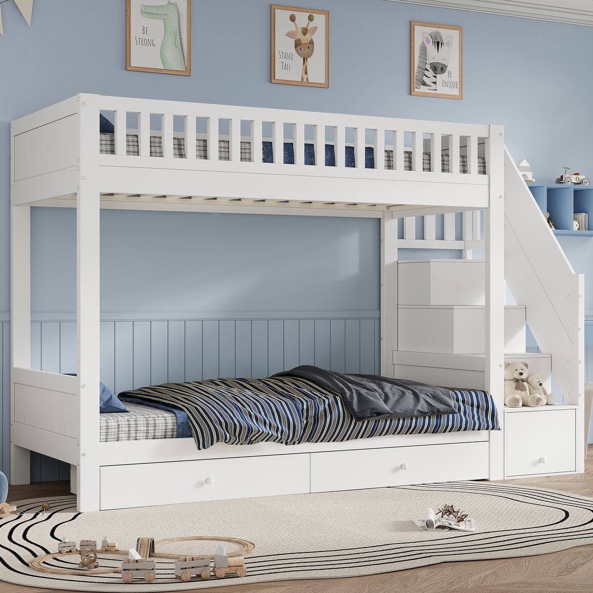 MIVRAY Stapelbed 90x200cm - Kinderbed Met Opberglade En Stauraatrap - Met Uitvalbeveiliging - Voor Kinderkamer - Hout - Wit