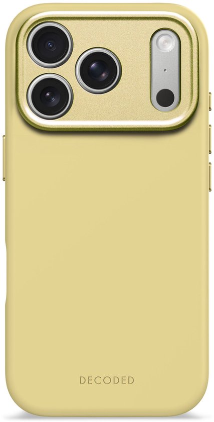 Lichtgele telefoonhoes met gouden camera-uitsparing en het DECODED-logo op de achterkant.