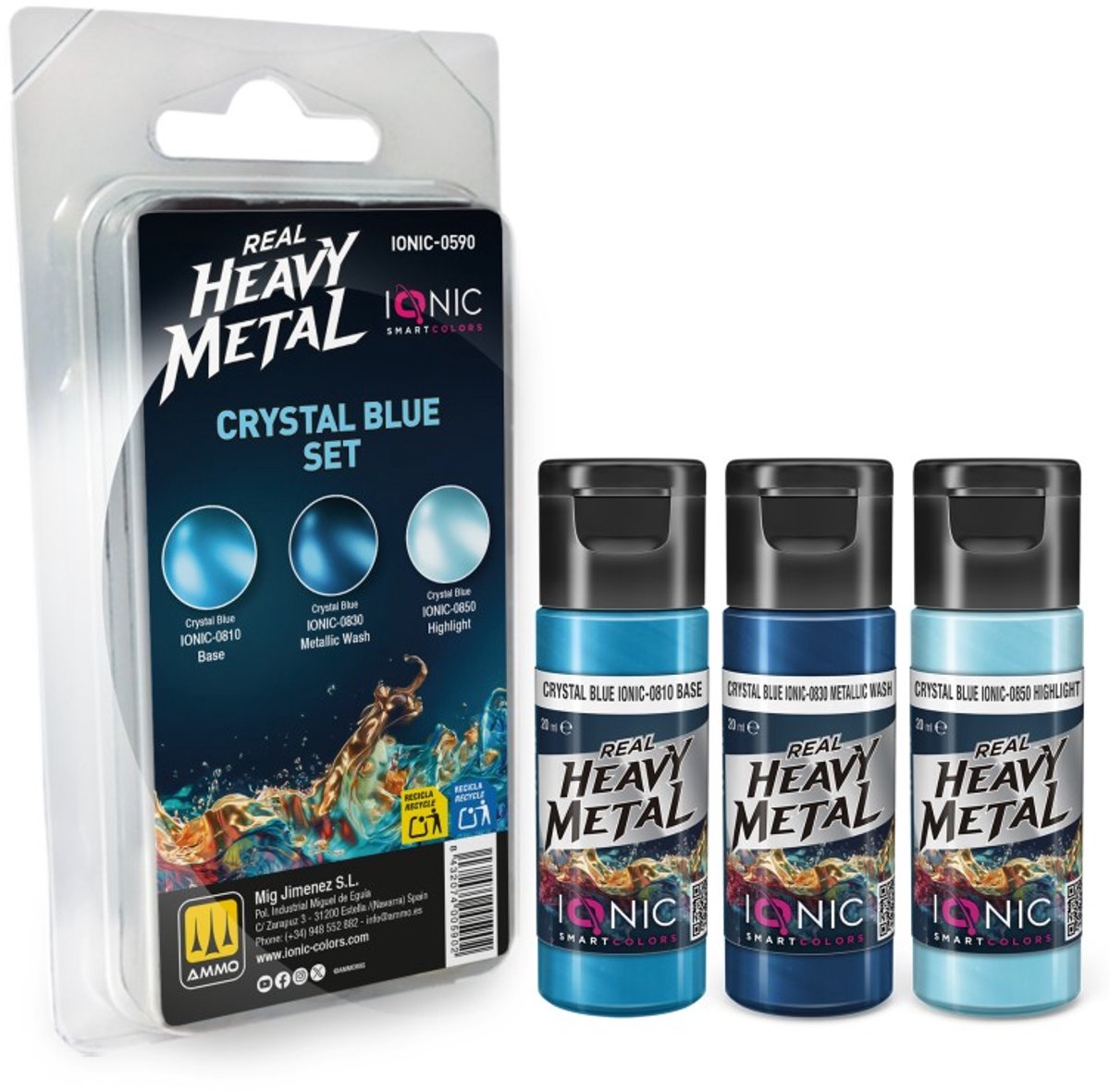 AMMO by Mig Jimenez Hobbyverf Acrylverf - MIG IO0590 Ionic Smart Colors - Real Heavy Metal - Kristalblauw Kleurenset - Acryl Set 3x20 ml Verf set - 3x 20 ml