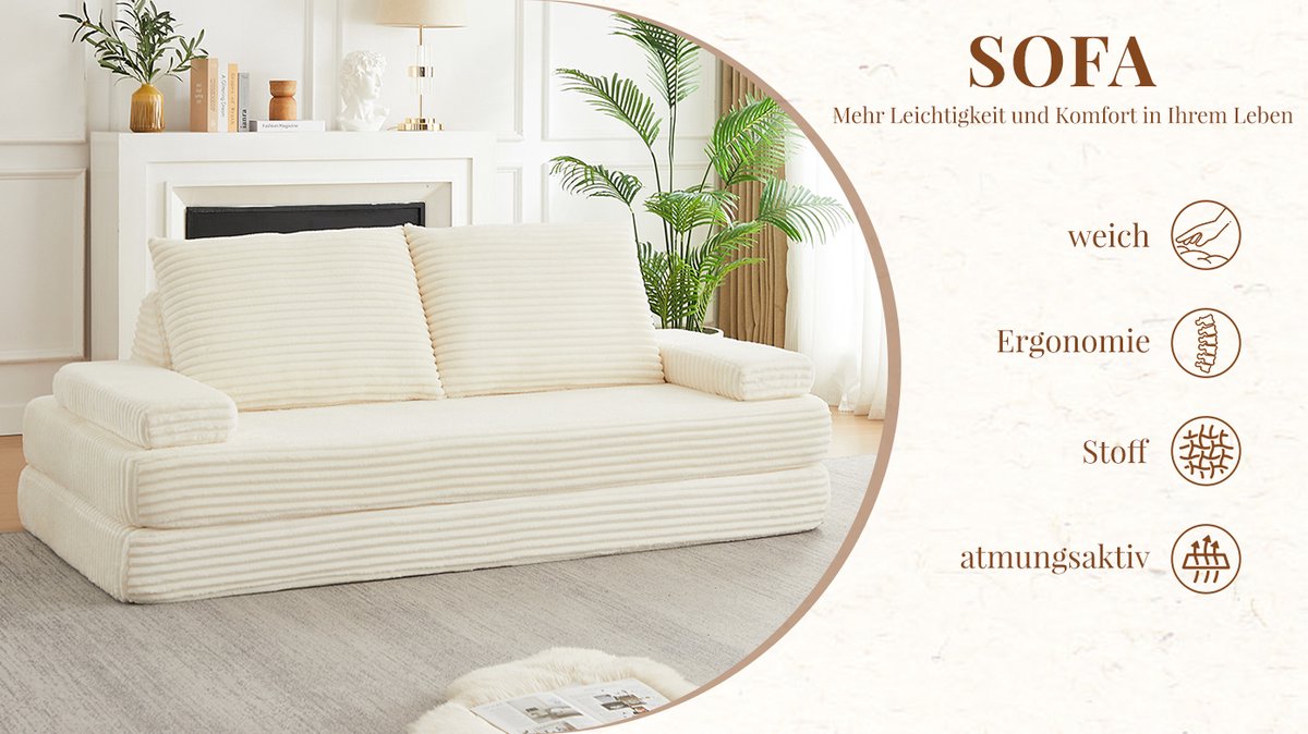 MIVRAY Slaapbank 211 Cm - Modulair 2-Zits Met Verstelbare Armleuningen En Driehoekige Rugkussens - Woonkamer - Corduroy Beige