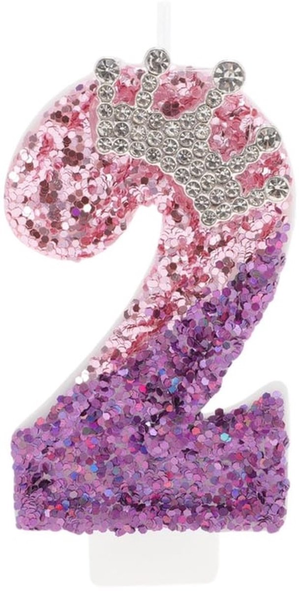 Verjaardagskaarsen Nummer 2 - Kroon/Decoratie - Taartdecoratie - Roze/Paarse Kaarsen - 3D-Design - Glanzend Uiterlijk - Taartkaarsen