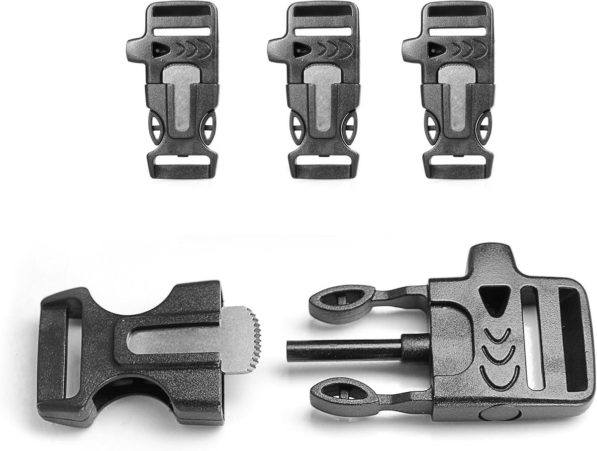 Vuurstarter - Zwart - Kunststof Steeksnalle Kliksluiting 3/4 Inch - Met Fluitje, Vuurstarter en Metaalblad - Voor Paracord Armband en Koord