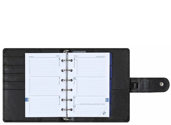 Opengeklapte zwarte lederen planner met kalenderpagina "week 45 november 2017".
