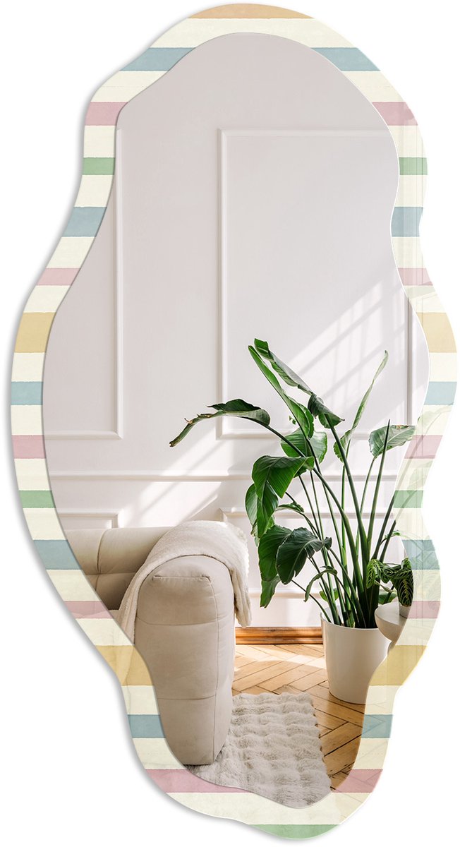 Coloray Gekleurde Strepen Spiegel - Geel Elegante Rechthoekige Wandspiegel - Organische Spiegel - Slaapkamer, Hal, Woonkamer - Minimalistisch - 45x90 cm - Totale afmeting 52x97 cm