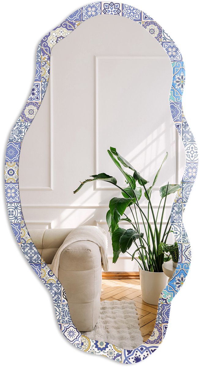 Coloray Mediterrane Tegels Spiegel - Blauw Rechthoekige Spiegel Met Modern Design - Organische Spiegel - Keuken - Geometrisch - 45x90 cm - Totale afmeting 52x97 cm