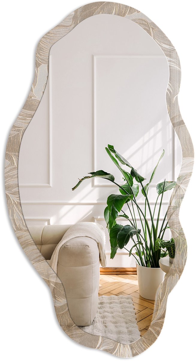 Coloray Beige Bladeren Spiegel - Beige Strakke Rechthoekige Spiegel - Organische Spiegel - Woonkamer - Scandinavisch - 45x90 cm - Totale afmeting 52x97 cm