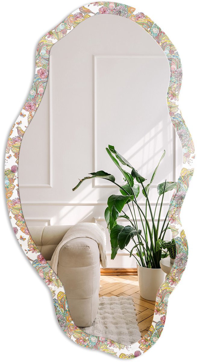 Coloray Vogelmotief Spiegel - Groen Rechthoekige Spiegel Met Modern Design - Organische Spiegel - Woonkamer - Illustratief - 45x90 cm - Totale afmeting 52x97 cm